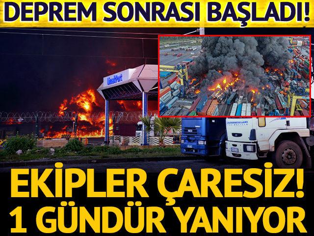 Depremden sonra yanmaya başlayan İskenderun Limanı’ndaki yangın devam ediyor!